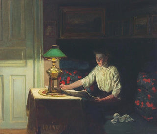 Interior painting with woman reading a newspaper by the lamp 1914 - Fritz Kraul — artwork view