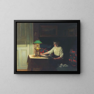 Interior painting with woman reading a newspaper by the lamp 1914 - Fritz Kraul — framed artwork on a wall