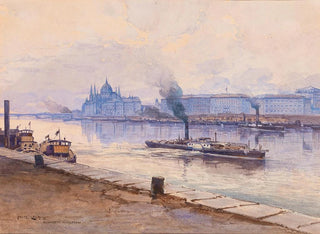 a steamship on the Danube with the Parliament building of Budapest in the background - Fritz Lach — artwork view