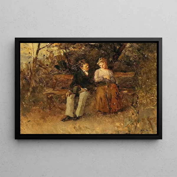 Love scene on a park bench - Fritz Rojka — framed artwork on a wall