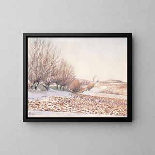 Landscape with willows and snow-covered fields - Fritz Syberg — framed artwork on a wall