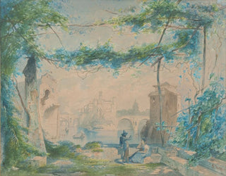 Italian landscape painting with a couple by the river - Fritz Wolff — artwork view