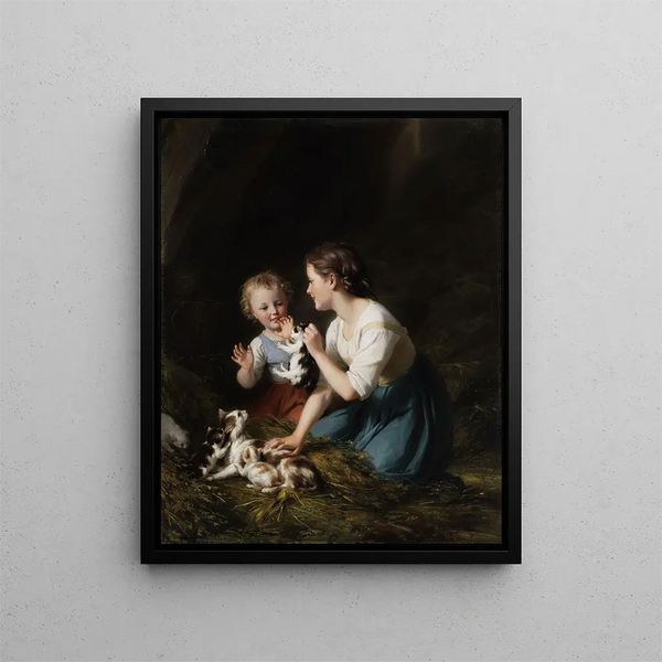 Children with Kittens - Fritz Zuber-Bühler — framed artwork on a wall