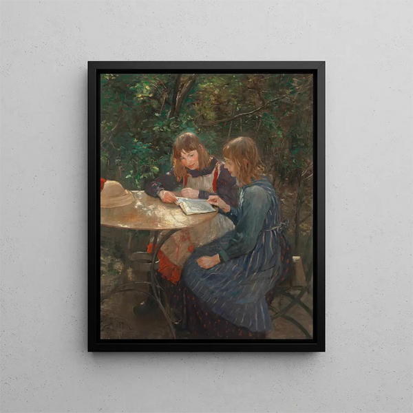 Two girls in the garden - Fritz von Uhde — framed artwork on a wall