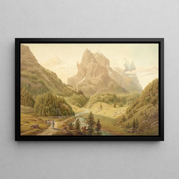 Vue of the Alp Rosenlaui with view of the Wellhorn and Wetterhorn - Gabriel Lory the Younger — framed artwork on a wall