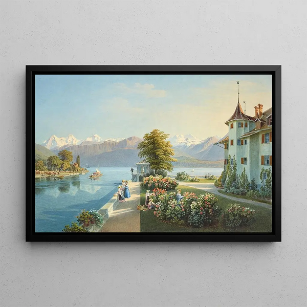 Vue du lac de Thoune avec les Alpes bernoises et le château de Schadau - Gabriel Lory le Jeune — framed artwork on a wall