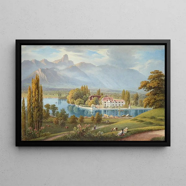 Vue de Schadau avec l'embouchure de l'Aar près de Thoune - Gabriel Lory le Jeune — framed artwork on a wall