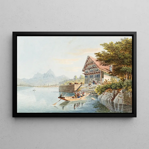 Auberge de Treib between Bekenried and Brunnen on Lake of the Four Cantons - Gabriel Lory the Younger — framed artwork on a wall