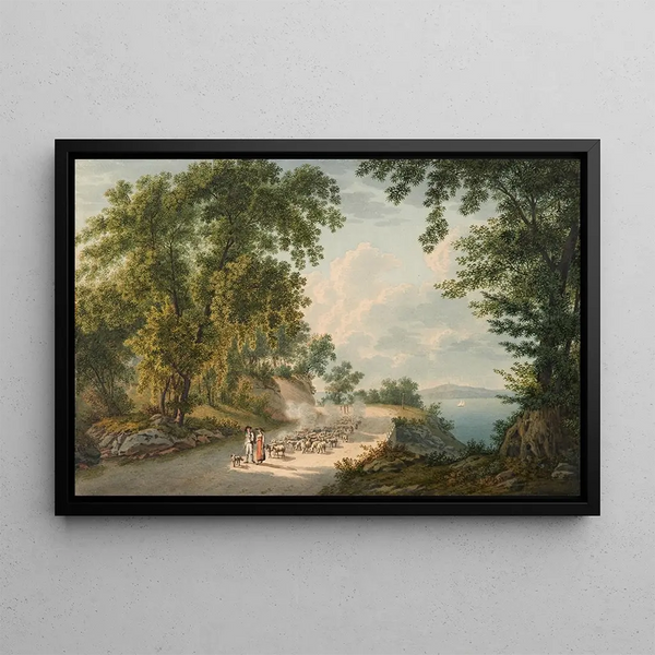 Landscape painting of riverside with lake and flock of sheep - Gabriel Lory the Younger — framed artwork on a wall