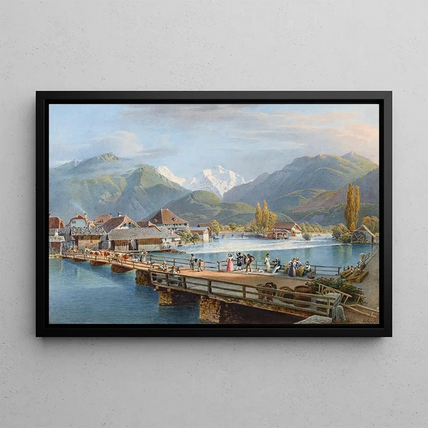 Unterseen with a view of the Jungfrau - Gabriel Lory the Younger — framed artwork on a wall