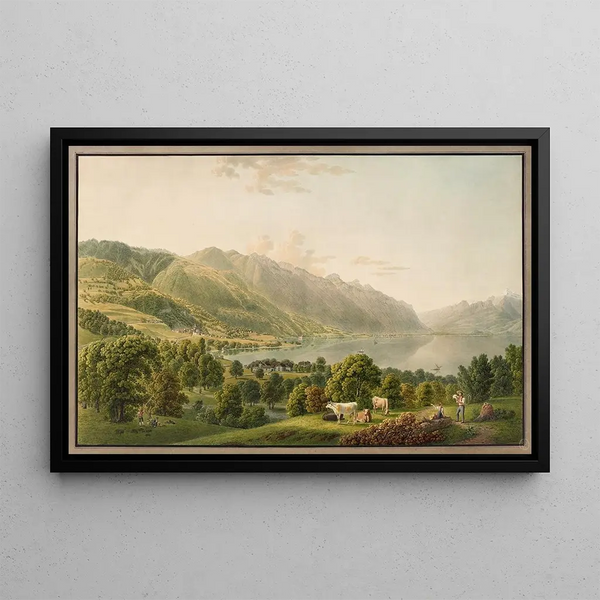 View of Clarens and the eastern end of Lake Geneva - Gabriel Lory the Younger — framed artwork on a wall