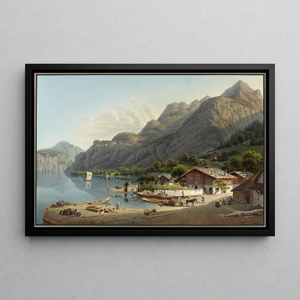 View of Flüelen in Switzerland - Gabriel Lory the Younger — framed artwork on a wall