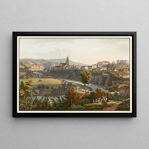 View of the city of Fribourg taken from the Palatinat promenade - Gabriel Lory the Younger — framed artwork on a wall