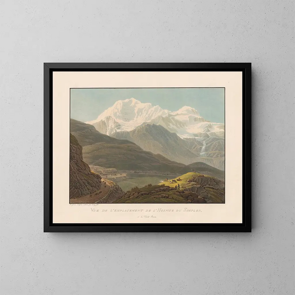 Vue de l'emplacement de l'Hospice du Simplon et du Mont Rose - Gabriel Lory le Jeune — framed artwork on a wall