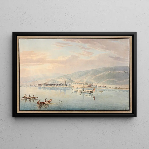 View of Lake Biel and the Steamship Union near La Neuveville - Gabriel Lory the Younger — framed artwork on a wall
