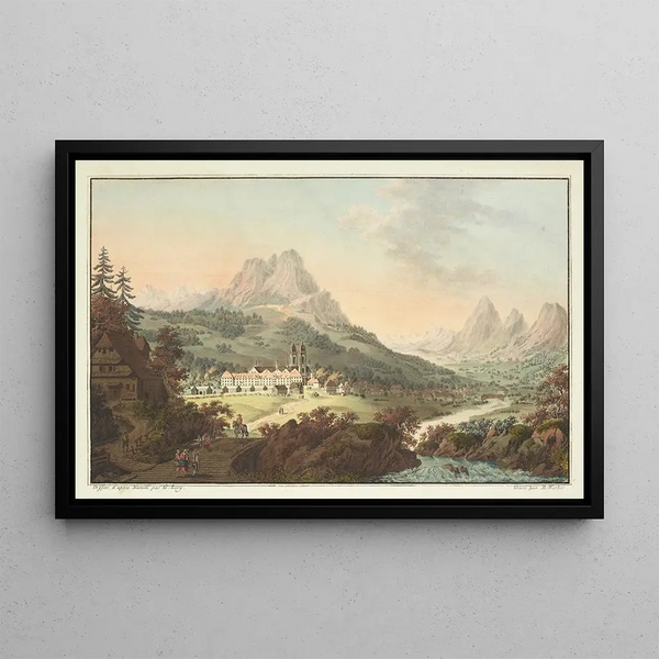 Vue de l'Abbaye d'Einsiedeln et de ses environs dans le canton de Schwytz - Gabriel Lory l'Ancien — framed artwork on a wall
