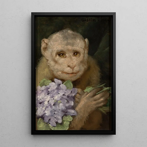 Monkey with a bouquet of violets - Gabriel Max — framed artwork on a wall