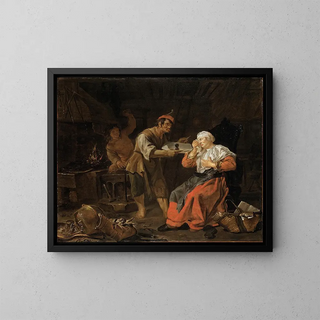 Old woman in an armchair with gossip - Gabriel Metsu — framed artwork on a wall