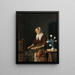 a woman eating what is called the cat's breakfast - Gabriel Metsu — framed artwork on a wall