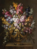 a pair of still life flower paintings in ornate gilded urns, each on a stone pedestal - Gabriel de la Corte — artwork view