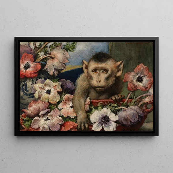 Flowers of Birthday, monkey with anemones - Gabriel von Max — framed artwork on a wall