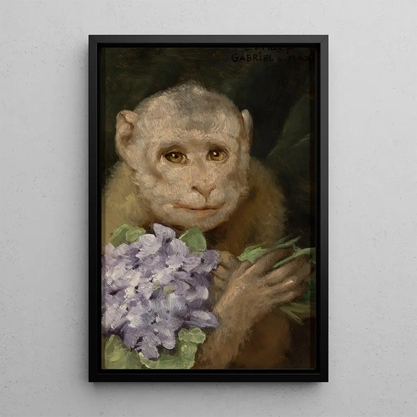 Monkey with a bouquet of violets - Gabriel von Max — framed artwork on a wall