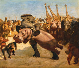 Monkeys as umpires in the fight between an elephant and a hippopotamus - Gabriel von Max — artwork view