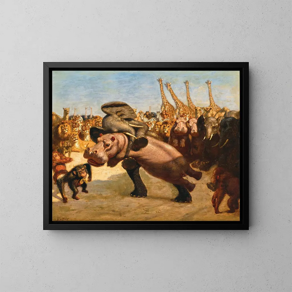 Monkeys as umpires in the fight between an elephant and a hippopotamus - Gabriel von Max — framed artwork on a wall