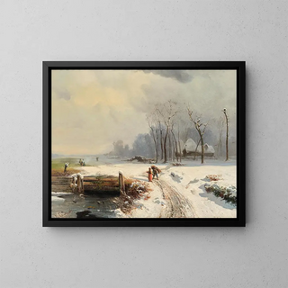 a wood gatherer in a winter landscape - Gaetano Fasanotti — framed artwork on a wall