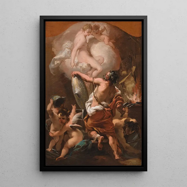 Venus commanding weapons for Aeneas at Vulcan's forge - Gaetano Gandolfi — framed artwork on a wall
