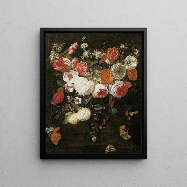 a Still life with roses, tulips, and other flowers in a vase with blackberries and a moth - Gaspar Peeter Verbruggen the Elder — framed artwork on a wall
