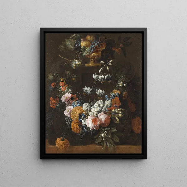 Flower Garland and Golden Fruit Bowl - Gaspar Peeter Verbruggen the Younger — framed artwork on a wall