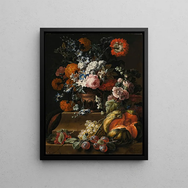Nature morte with hollyhock, carnations, and various flowers in a vase on a pedestal with a melon, cherries, grapes, and plums on a ledge - Gaspar Peeter Verbruggen the Younger — framed artwork on a wall