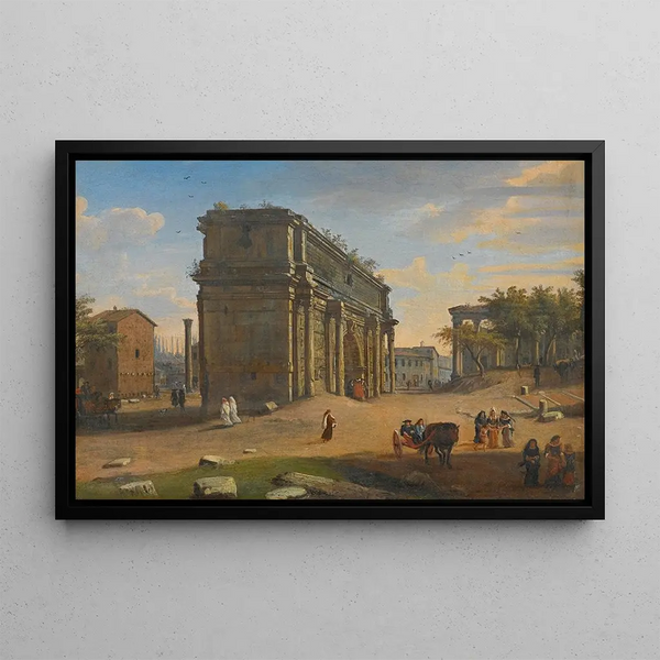 Vue du Campo Vaccino avec l'arc de Septime Sévère - Gaspar Van Wittel — framed artwork on a wall