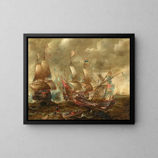 A naval battle - Gaspar van Eyck — framed artwork on a wall