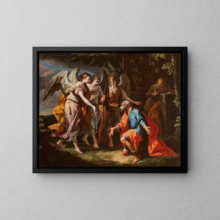 Abraham and the Angels - Gaspare Diziani — framed artwork on a wall