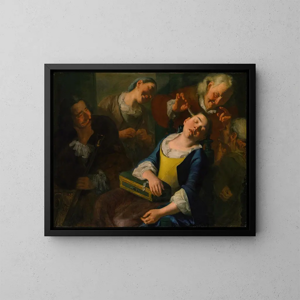 Teasing an asleep girl - Gaspare Traversi — framed artwork on a wall