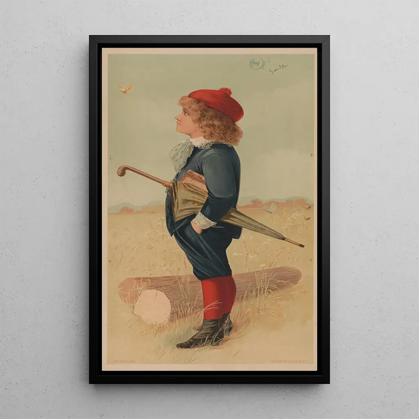 Boy in a Field with Umbrella and Book Watching a Butterfly - Gast Lith Eng Co — framed artwork on a wall