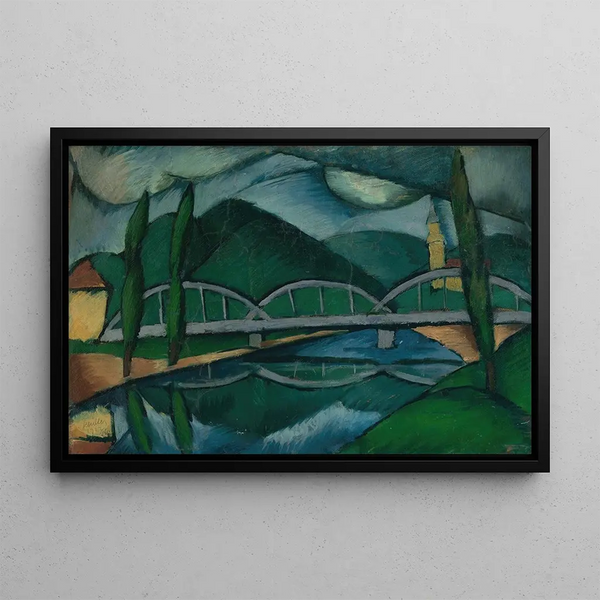 Landscape with a bridge - Gejza Schiller — framed artwork on a wall