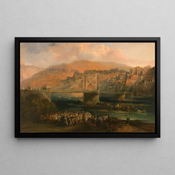 View of the city of Fraga and its suspension bridge - Genaro Pérez Villaamil — framed artwork on a wall