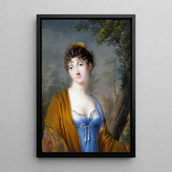 Dame en bleu avec châle jaune - Genot — framed artwork on a wall
