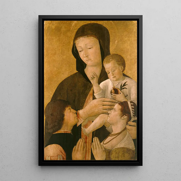 Virgin and Child with Two Donors - Gentile Bellini — framed artwork on a wall