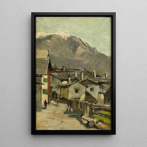 Houses along a road near a mountain - Geo Poggenbeek — framed artwork on a wall