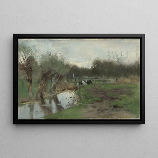 Prairie with a lying cow near a ditch - Geo Poggenbeek — framed artwork on a wall