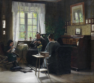 Mother, daughter and granddaughter knitting - Georg Achen — artwork view