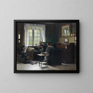 Mother, daughter and granddaughter knitting - Georg Achen — framed artwork on a wall