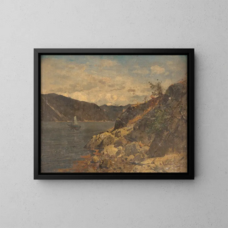 Boat in a Rocky Fjord - Georg Anton Rasmussen — framed artwork on a wall