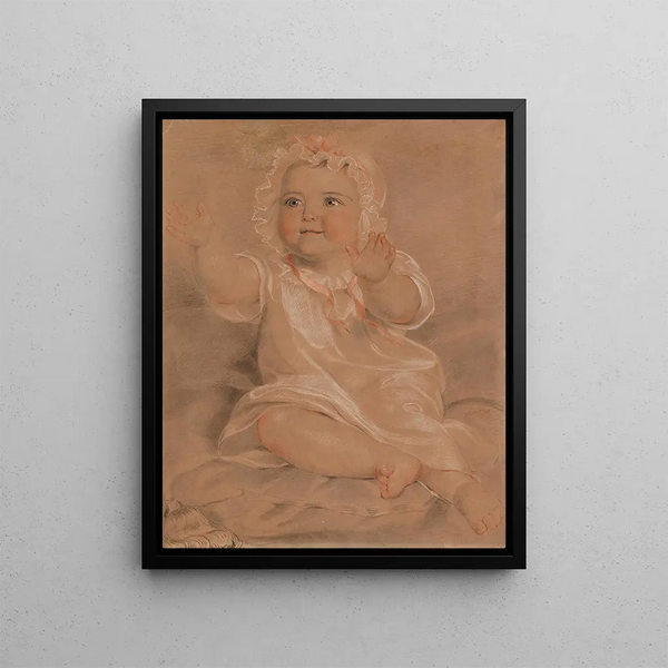 Portrait of a baby with outstretched arms - Georg Decker — framed artwork on a wall