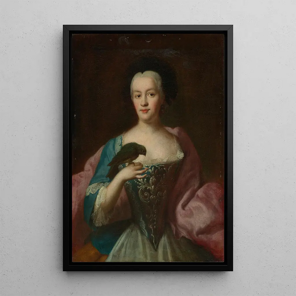 Portrait of a Lady with a Parrot - Georg Desmares — framed artwork on a wall
