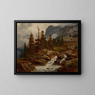 Chèvres près d'un ruisseau alpin - Georg Engelhardt — framed artwork on a wall